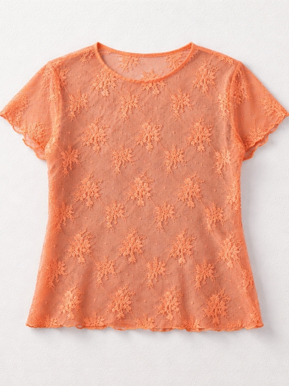 Sheer Coral Lace Mesh Top – Made in Canada – Y2K Layering Tee – Floral – Stretch